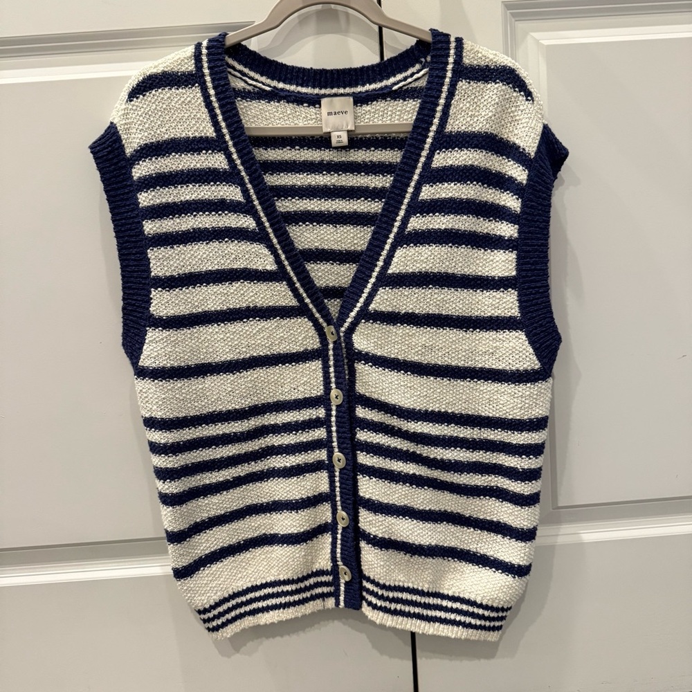 Maeve by Anthropologie Navy and Cream Striped V-Neck Sweater Vest